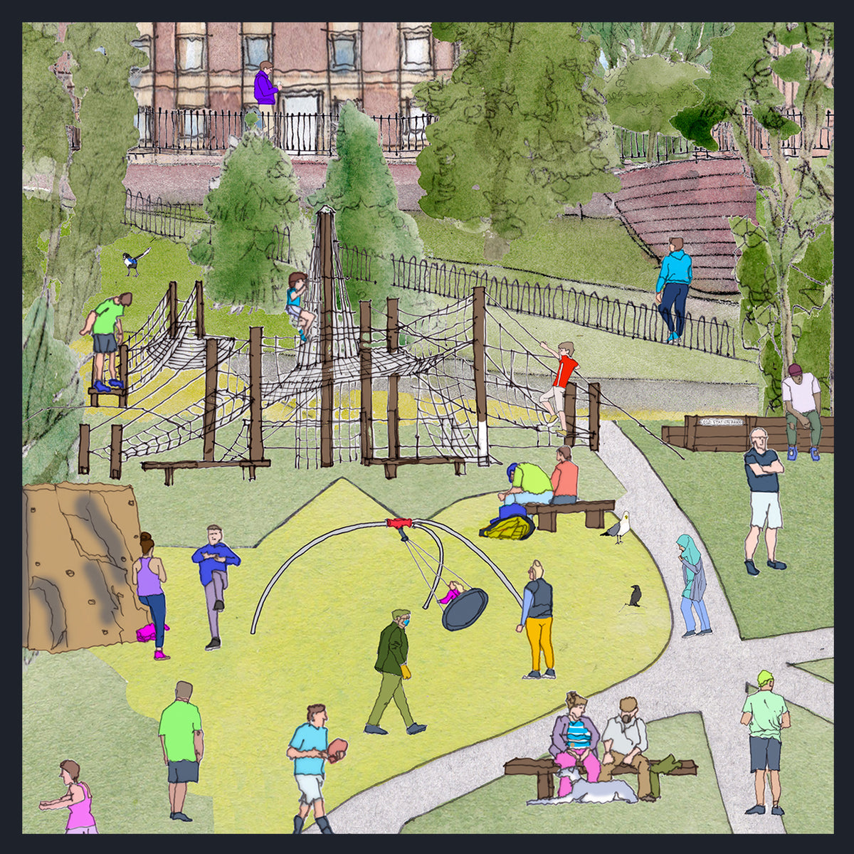 A stylised illustrated scene of a children's playground in a park, with multiple people playing, walking, and sitting on benches. The artwork uses a loose watercolour or sketch-like style with green trees, tan grass, grey paths, and brown wooden play structures.