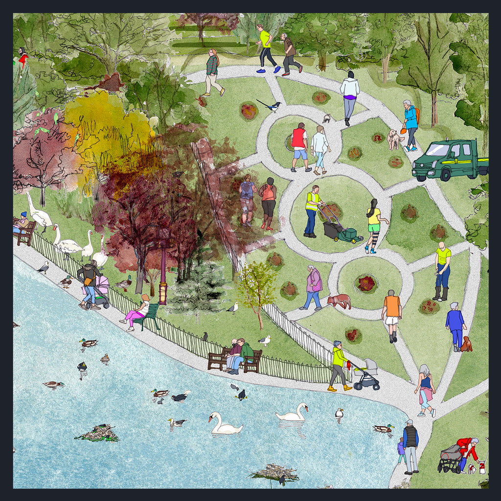 Watercolour-style illustration of a park scene with winding paths, trees, swans in a boating pond, people walking and sitting on benches, and walking dogs.